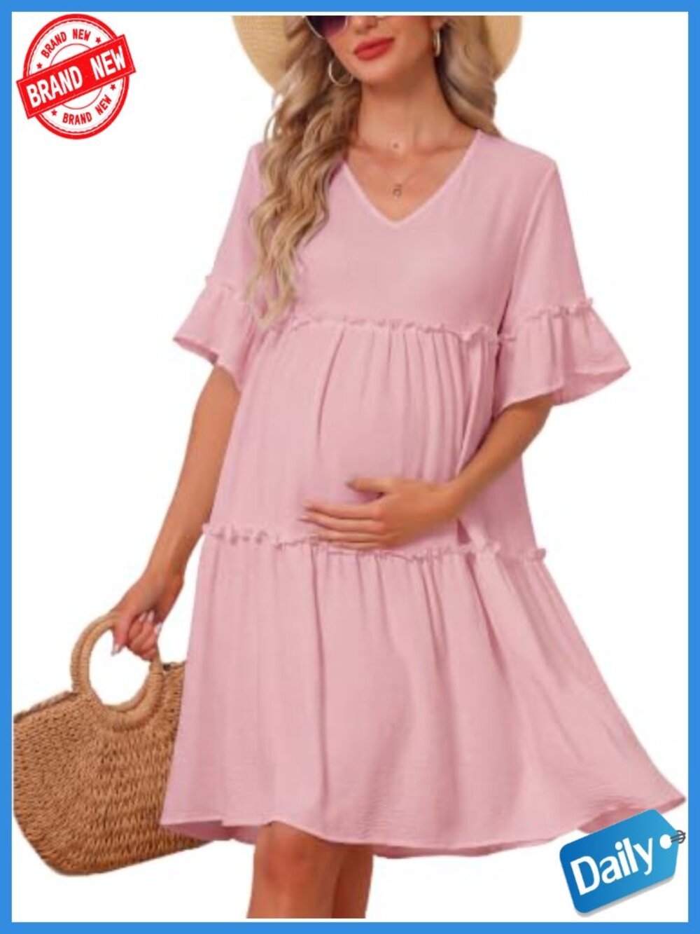 Maternity Babydoll Dress Summer Ruffled Short Sleeve Tiered Loose Fit